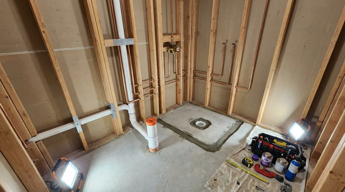 Bathroom rough-in plumbing during remodel by Johns Plumbing LLC in Manitowoc