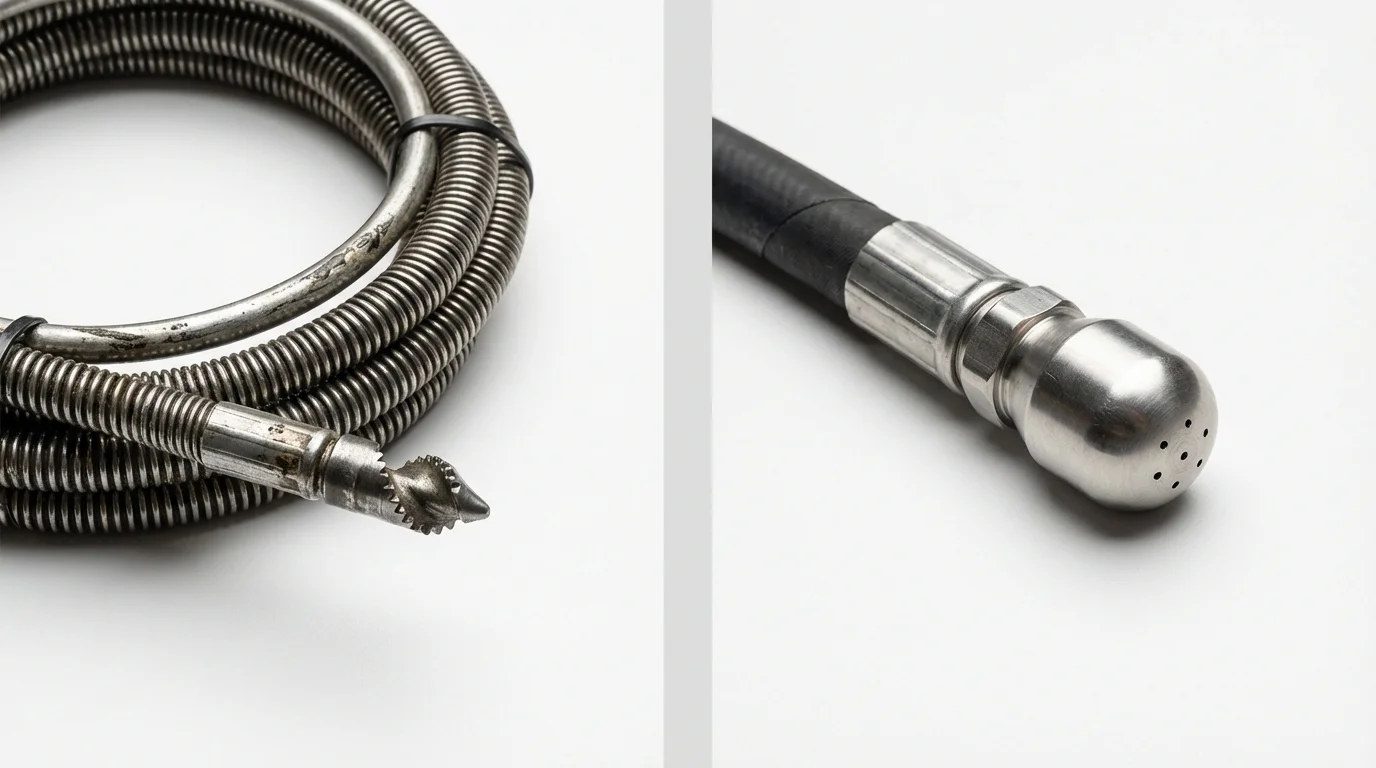 Drain snake cable and hydro jetting nozzle used for drain cleaning in Manitowoc, WI