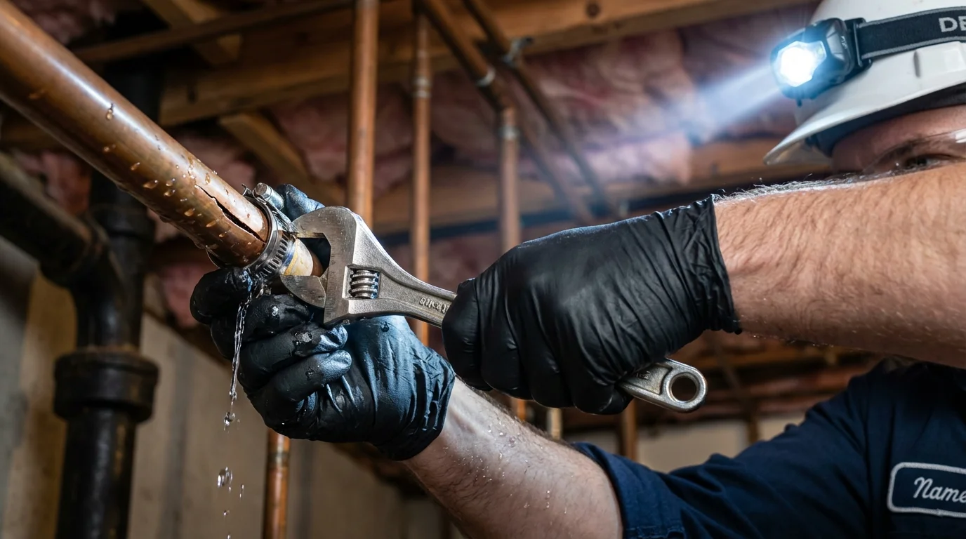 Emergency pipe clamp repair being performed by a Johns Plumbing LLC plumber in Manitowoc