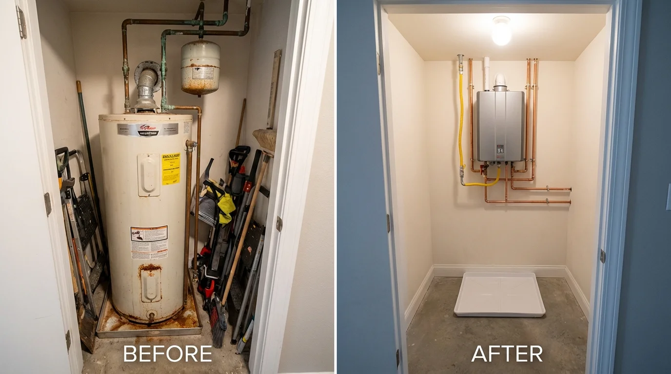 Tank water heater versus wall-mounted tankless unit comparison for Manitowoc, WI homeowners