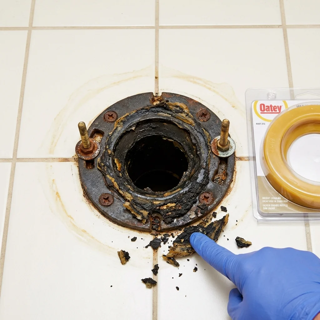Failed wax ring showing water seepage at the base of a toilet in a Manitowoc, WI home