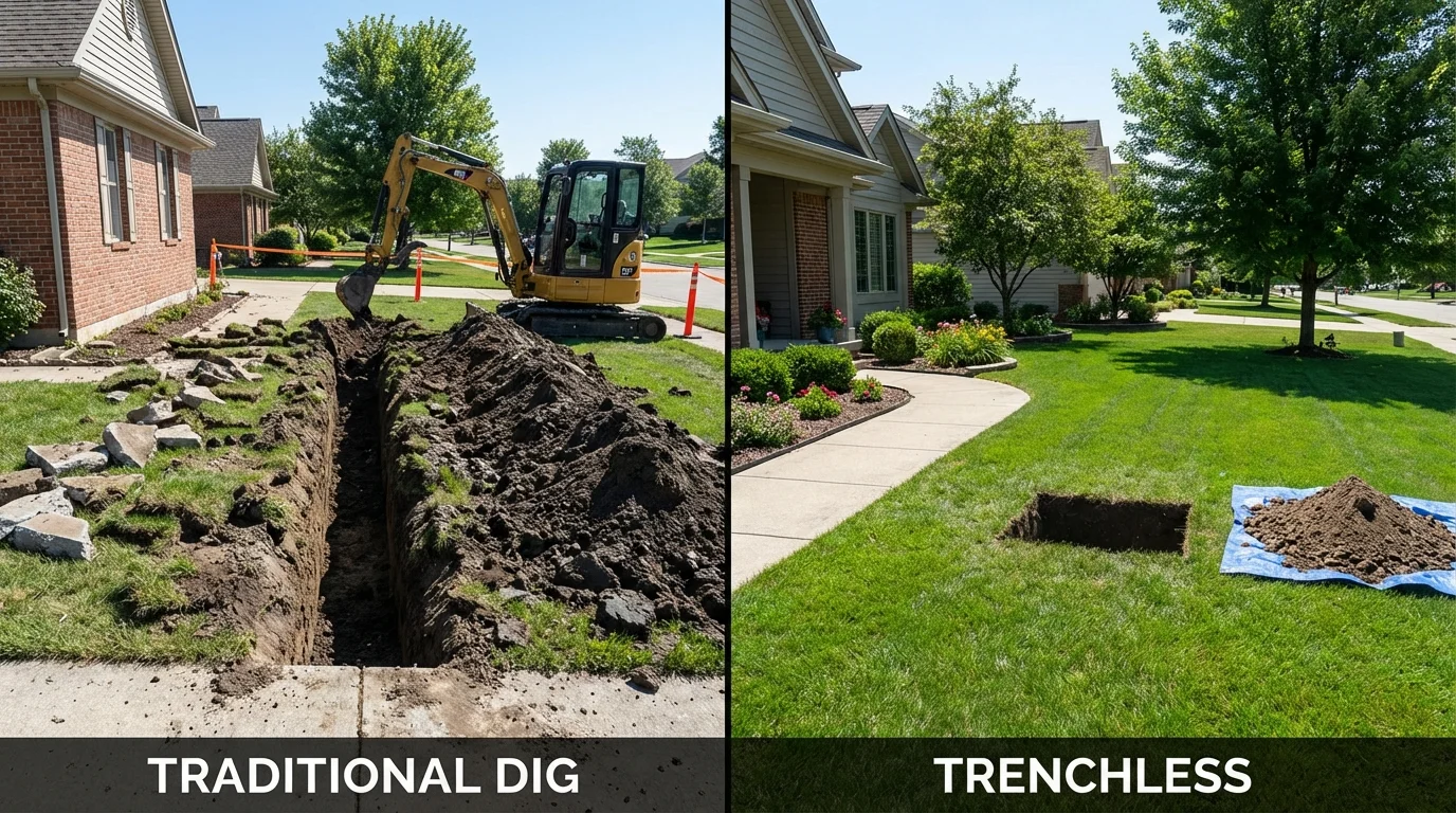 Trenchless sewer repair with minimal yard damage versus traditional excavation in Manitowoc, WI